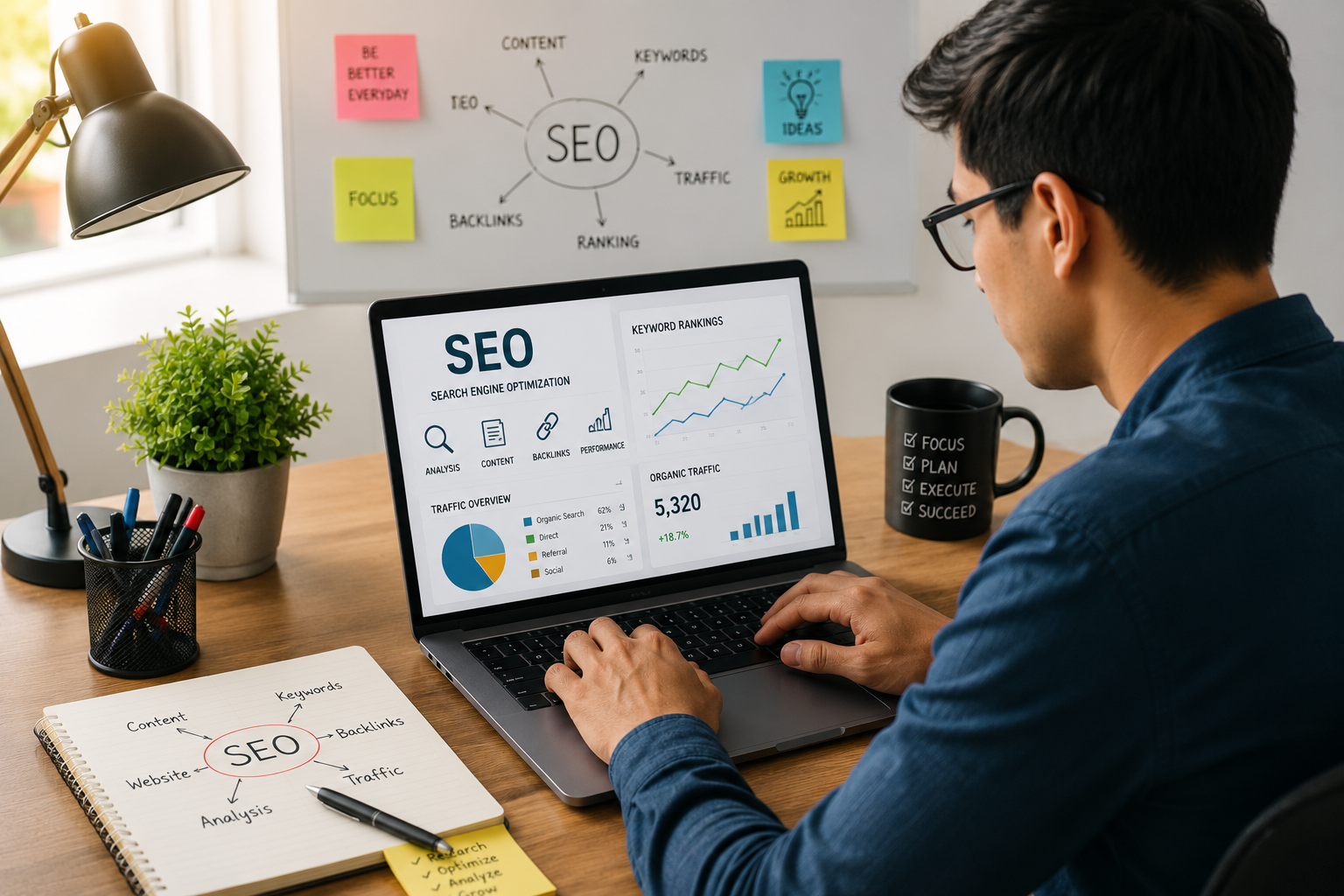 flowrage SEO specialist working on laptop with website analytics, keyword rankings, and search engine optimization strategy.