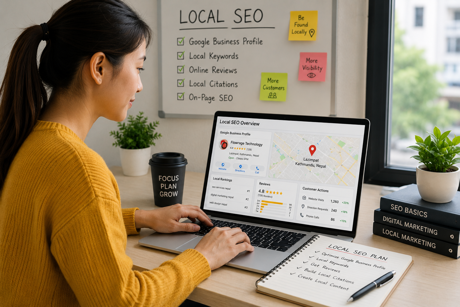 flowrage SEO specialist in Nepal working on local SEO with a laptop and Google Business Profile dashboard.