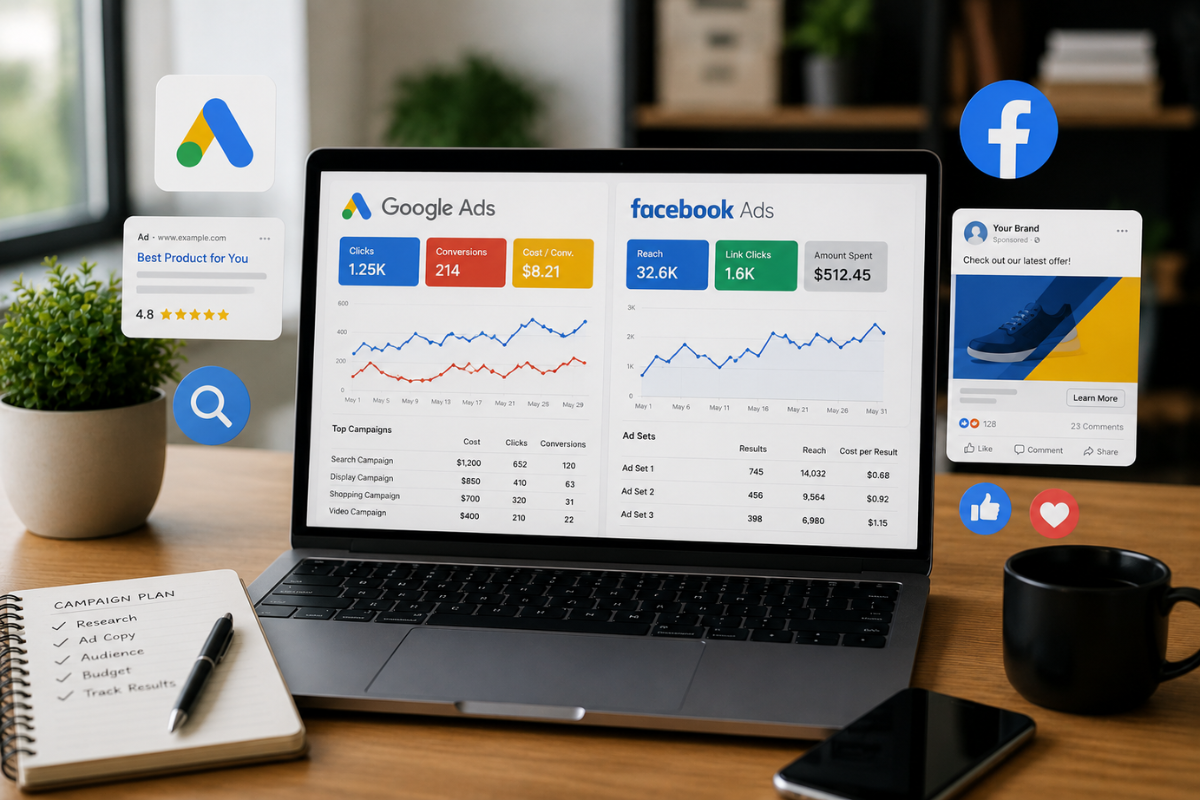 Paid digital advertising (Google Ads, Facebook Ads)