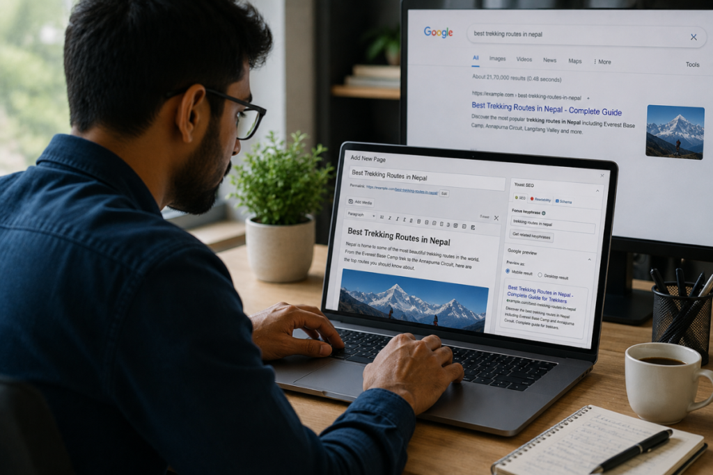flowrage SEO specialist optimizing website content and on-page SEO elements on a laptop