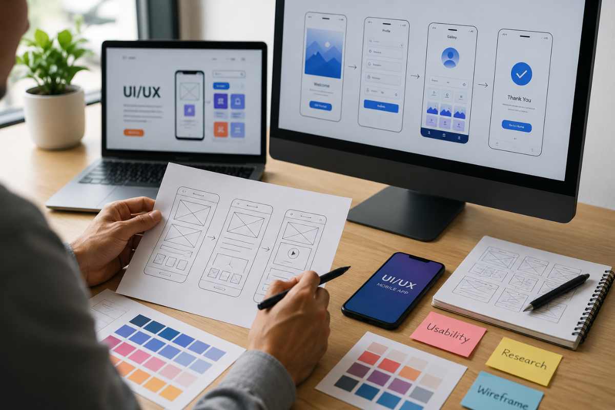 UI/UX designer creating website and mobile app wireframes for a modern software development project.