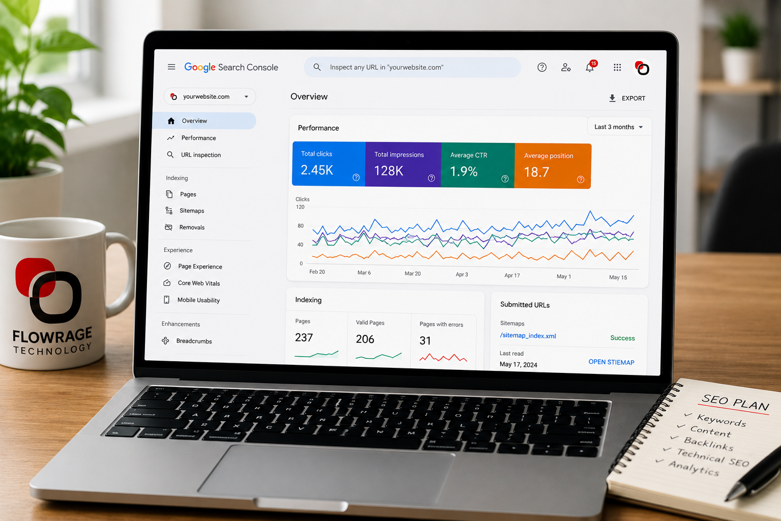 flowrage Laptop showing Google Search Console dashboard on a clean office desk with Flowrage Technology logo.