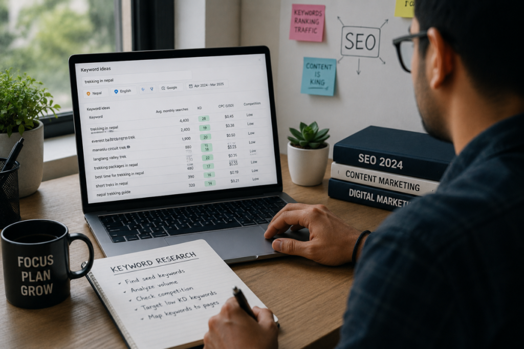 flowrage SEO specialist performing keyword research on a laptop to find high-value keywords and improve website rankings